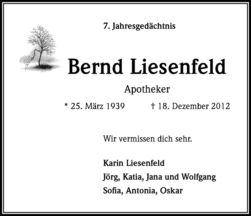  Traueranzeige für Bernd Liesenfeld vom 18.07.2023 aus Kölner Stadt-Anzeiger / Kölnische Rundschau / Express