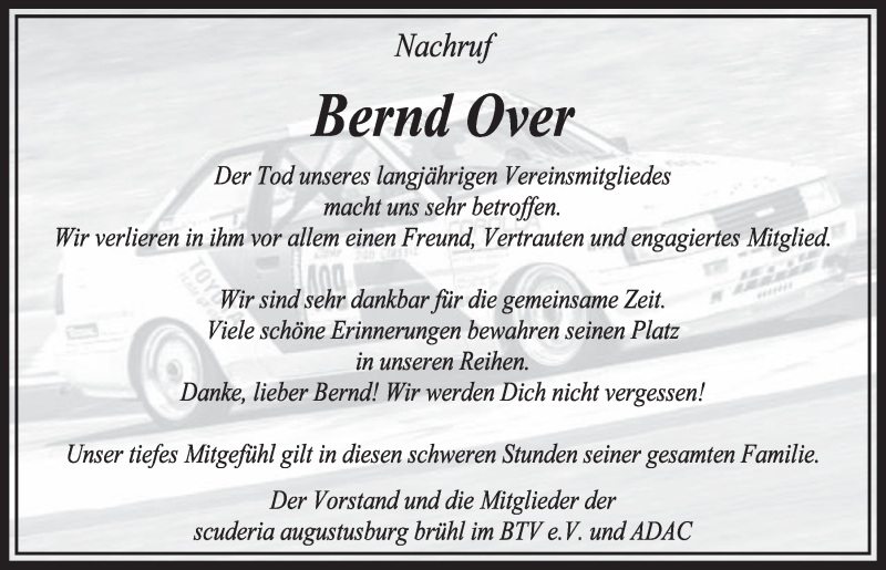  Traueranzeige für Bernd Over vom 04.12.2019 aus  Schlossbote/Werbekurier 