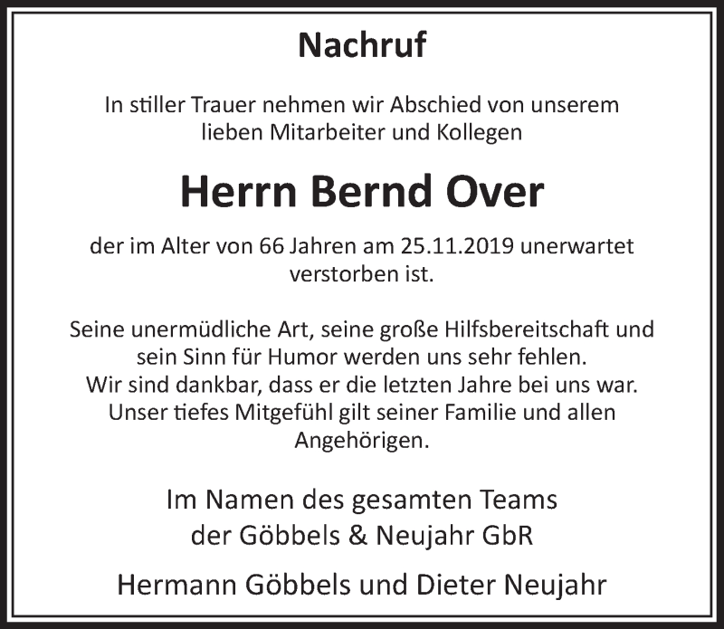  Traueranzeige für Bernd Over vom 04.12.2019 aus  Wochenende  Schlossbote/Werbekurier 