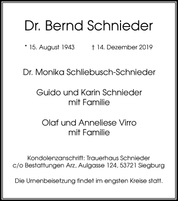 Anzeige von Bernd Schnieder von Kölner Stadt-Anzeiger / Kölnische Rundschau / Express