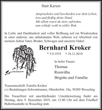 Anzeige von Bernhard Kroker von  Schlossbote/Werbekurier 