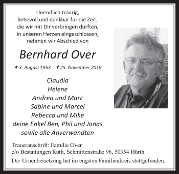 Anzeige von Bernhard Over von  Wochenende  Schlossbote/Werbekurier 