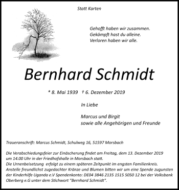 Anzeige von Bernhard Schmidt von Kölner Stadt-Anzeiger / Kölnische Rundschau / Express