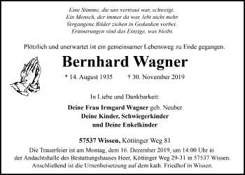 Anzeige von Bernhard Wagner von  Lokalanzeiger 