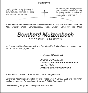 Anzeige von Bernhard Mutzenbach von Kölner Stadt-Anzeiger / Kölnische Rundschau / Express