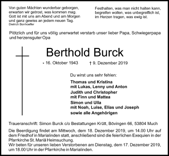 Anzeige von Berthold Burck von Kölner Stadt-Anzeiger / Kölnische Rundschau / Express