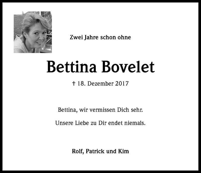  Traueranzeige für Bettina Bovelet vom 18.12.2019 aus Kölner Stadt-Anzeiger / Kölnische Rundschau / Express