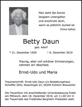 Anzeige von Betty Daun von  Sonntags-Post 
