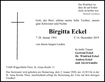 Anzeige von Birgitta Eckel von Kölner Stadt-Anzeiger / Kölnische Rundschau / Express