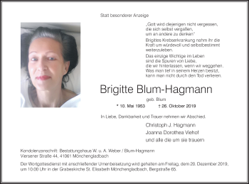 Anzeige von Brigitte Blum-Hagmann von Kölner Stadt-Anzeiger / Kölnische Rundschau / Express
