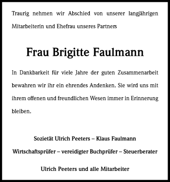 Anzeige von Brigitte Faulmann von Kölner Stadt-Anzeiger / Kölnische Rundschau / Express