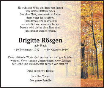 Anzeige von Brigitte Rösgen von Kölner Stadt-Anzeiger / Kölnische Rundschau / Express