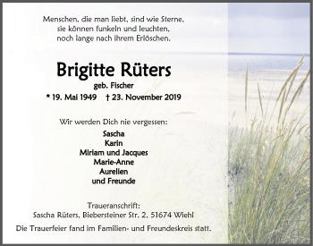 Anzeige von Brigitte Rüters von  Anzeigen Echo 