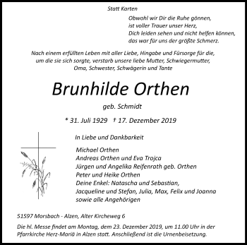 Anzeige von Brunhilde Orthen von Kölner Stadt-Anzeiger / Kölnische Rundschau / Express