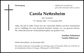 Anzeige von Carola Ne!esheim von Kölner Stadt-Anzeiger / Kölnische Rundschau / Express