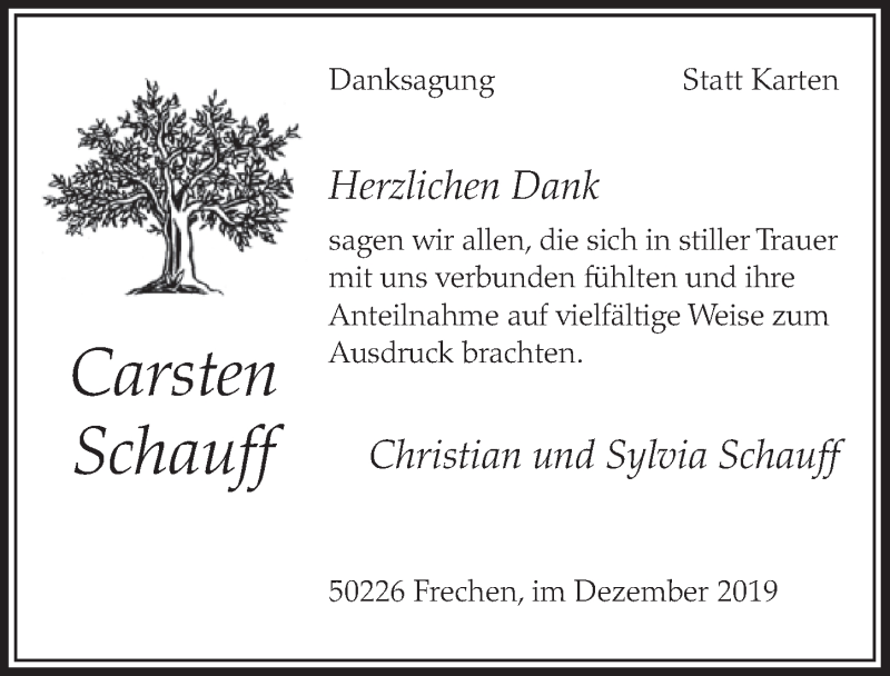  Traueranzeige für Carsten Schauff vom 14.12.2019 aus  Sonntags-Post 