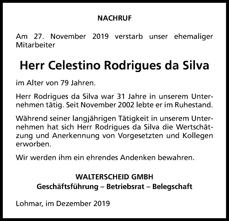  Traueranzeige für Celestino Rodrigues da Silva vom 06.12.2019 aus Kölner Stadt-Anzeiger / Kölnische Rundschau / Express