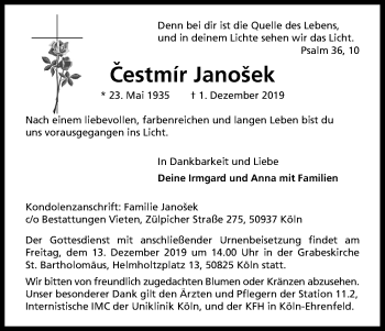 Anzeige von Cestmir Janosek von Kölner Stadt-Anzeiger / Kölnische Rundschau / Express