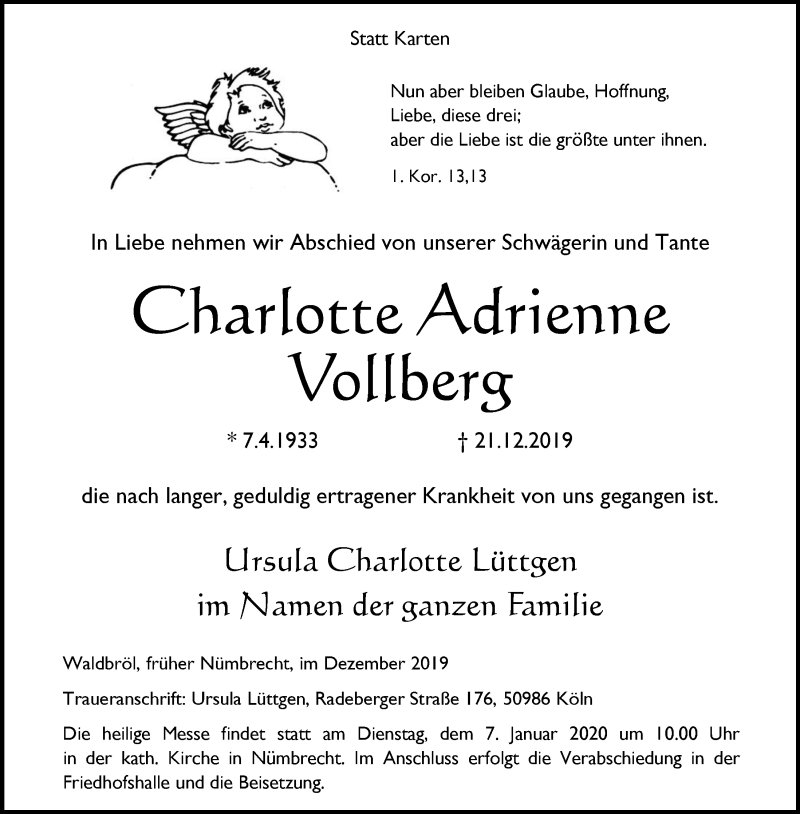  Traueranzeige für Charlotte Adrienne Vollberg vom 31.12.2019 aus  Lokalanzeiger 