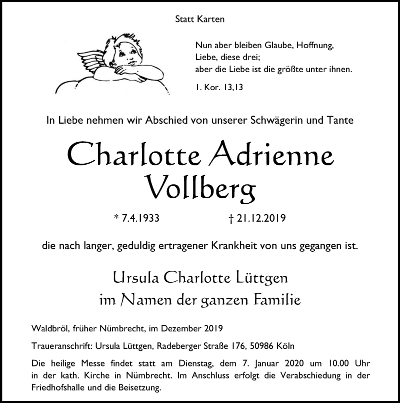  Traueranzeige für Charlotte Adrienne Vollberg vom 28.12.2019 aus Kölner Stadt-Anzeiger / Kölnische Rundschau / Express