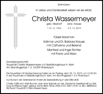 Anzeige von Christa Wassermeyer von Kölner Stadt-Anzeiger / Kölnische Rundschau / Express