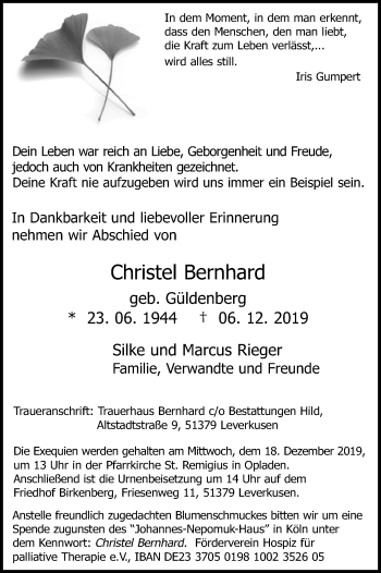 Anzeige von Christel Bernhard von Kölner Stadt-Anzeiger / Kölnische Rundschau / Express