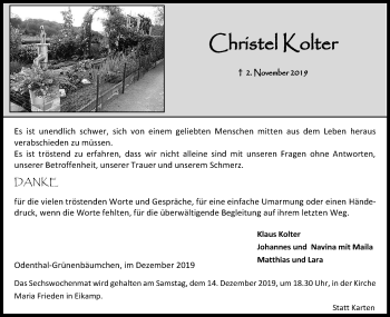 Anzeige von Christel Kolter von Kölner Stadt-Anzeiger / Kölnische Rundschau / Express