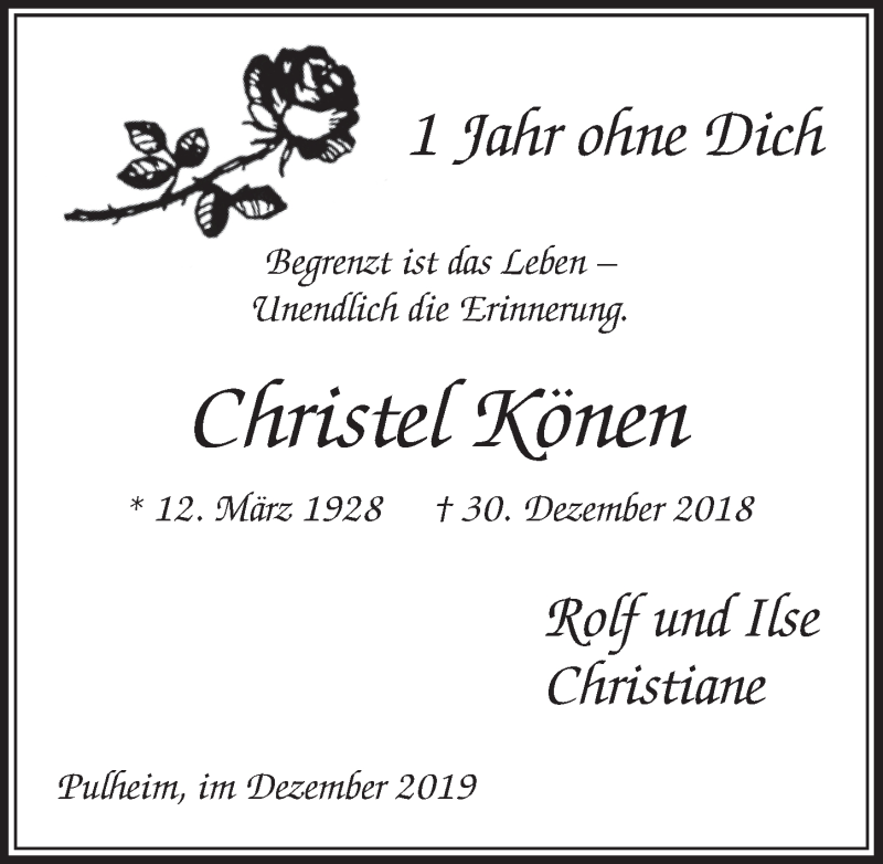  Traueranzeige für Christel Könen vom 28.12.2019 aus  Sonntags-Post 