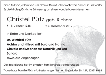 Anzeige von Christel Pütz von  Schlossbote/Werbekurier 