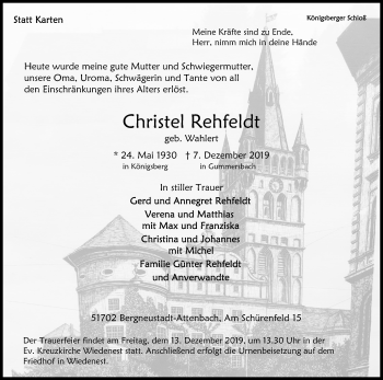 Anzeige von Christel Rehfeldt von Kölner Stadt-Anzeiger / Kölnische Rundschau / Express