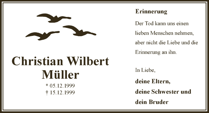  Traueranzeige für Christian Wilbert Müller vom 18.07.2023 aus  Bergisches Handelsblatt 