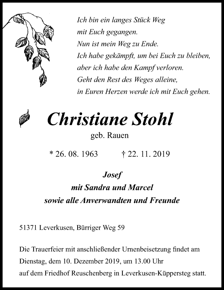  Traueranzeige für Christiane Stohl vom 04.12.2019 aus Kölner Stadt-Anzeiger / Kölnische Rundschau / Express
