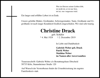 Anzeige von Christine Drack von Kölner Stadt-Anzeiger / Kölnische Rundschau / Express