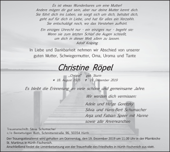Anzeige von Christine Röpel von  Wochenende 