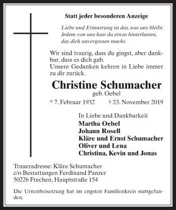 Anzeige von Christine Schumacher von  Wochenende 