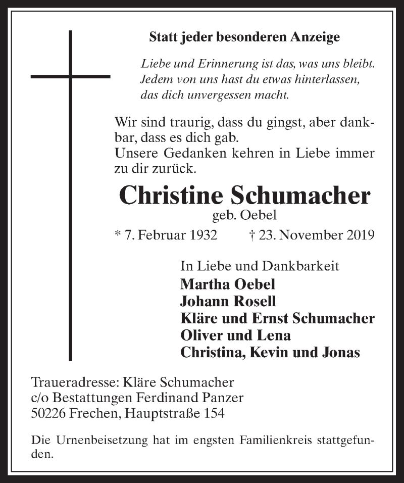 Traueranzeigen von Christine Schumacher | WirTrauern