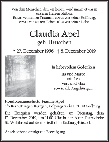 Anzeige von Claudia Apel von  Sonntags-Post 