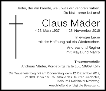 Anzeige von Claus Mäder von Kölner Stadt-Anzeiger / Kölnische Rundschau / Express