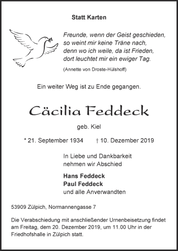 Anzeige von Cäcilia Feddeck von  Blickpunkt Euskirchen 