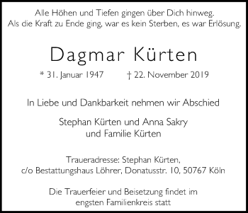 Anzeige von Dagmar Kürten von Kölner Stadt-Anzeiger / Kölnische Rundschau / Express