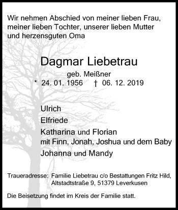 Anzeige von Dagmar Liebetrau von Kölner Stadt-Anzeiger / Kölnische Rundschau / Express