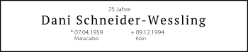 Anzeige von Dani Schneider-Wessling von Kölner Stadt-Anzeiger / Kölnische Rundschau / Express