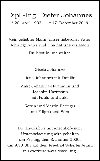 Anzeige von Dieter Johannes von Kölner Stadt-Anzeiger / Kölnische Rundschau / Express