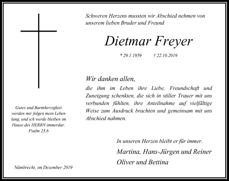  Traueranzeige für Dietmar Freyer vom 04.12.2019 aus  Lokalanzeiger 