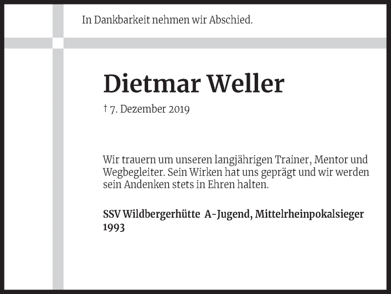  Traueranzeige für Dietmar Weller vom 11.12.2019 aus Kölner Stadt-Anzeiger / Kölnische Rundschau / Express