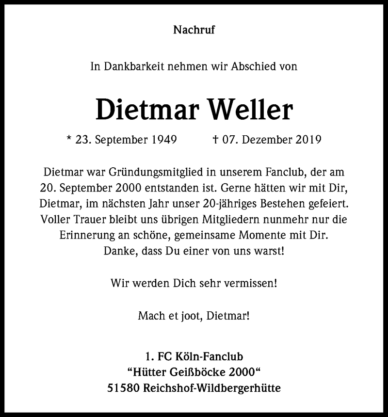  Traueranzeige für Dietmar Weller vom 14.12.2019 aus Kölner Stadt-Anzeiger / Kölnische Rundschau / Express