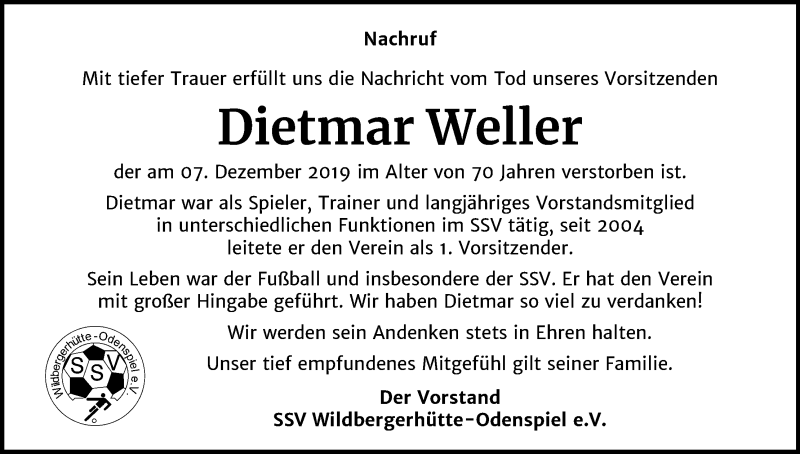  Traueranzeige für Dietmar Weller vom 12.12.2019 aus Kölner Stadt-Anzeiger / Kölnische Rundschau / Express