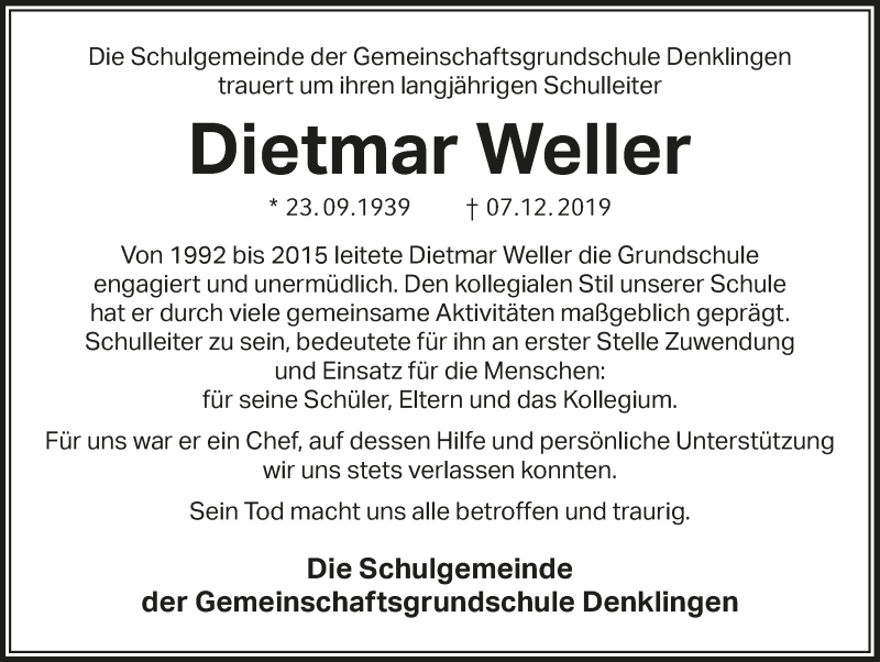  Traueranzeige für Dietmar Weller vom 11.12.2019 aus  Lokalanzeiger 