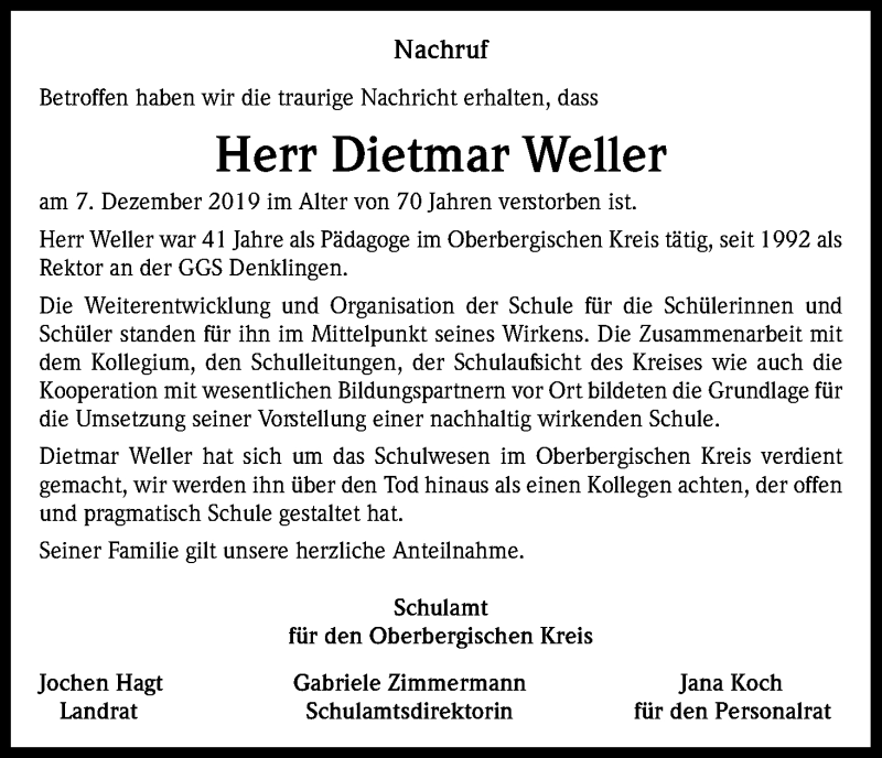  Traueranzeige für Dietmar Weller vom 14.12.2019 aus Kölner Stadt-Anzeiger / Kölnische Rundschau / Express