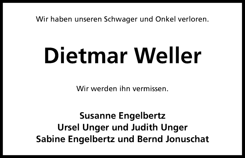  Traueranzeige für Dietmar Weller vom 14.12.2019 aus Kölner Stadt-Anzeiger / Kölnische Rundschau / Express